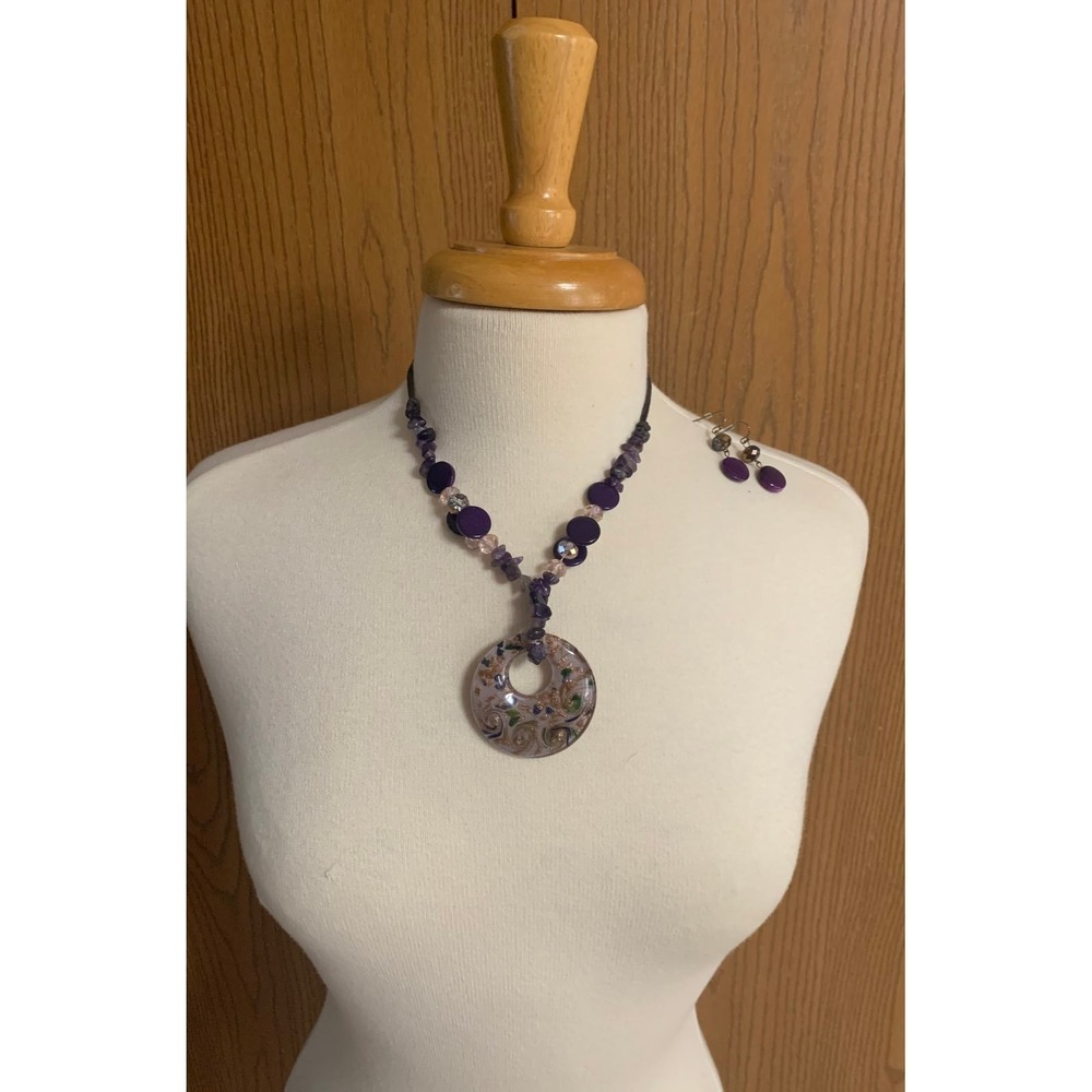 Purple Crystal Bead Necklace and Earrings Set Glass Pendant Adjustable